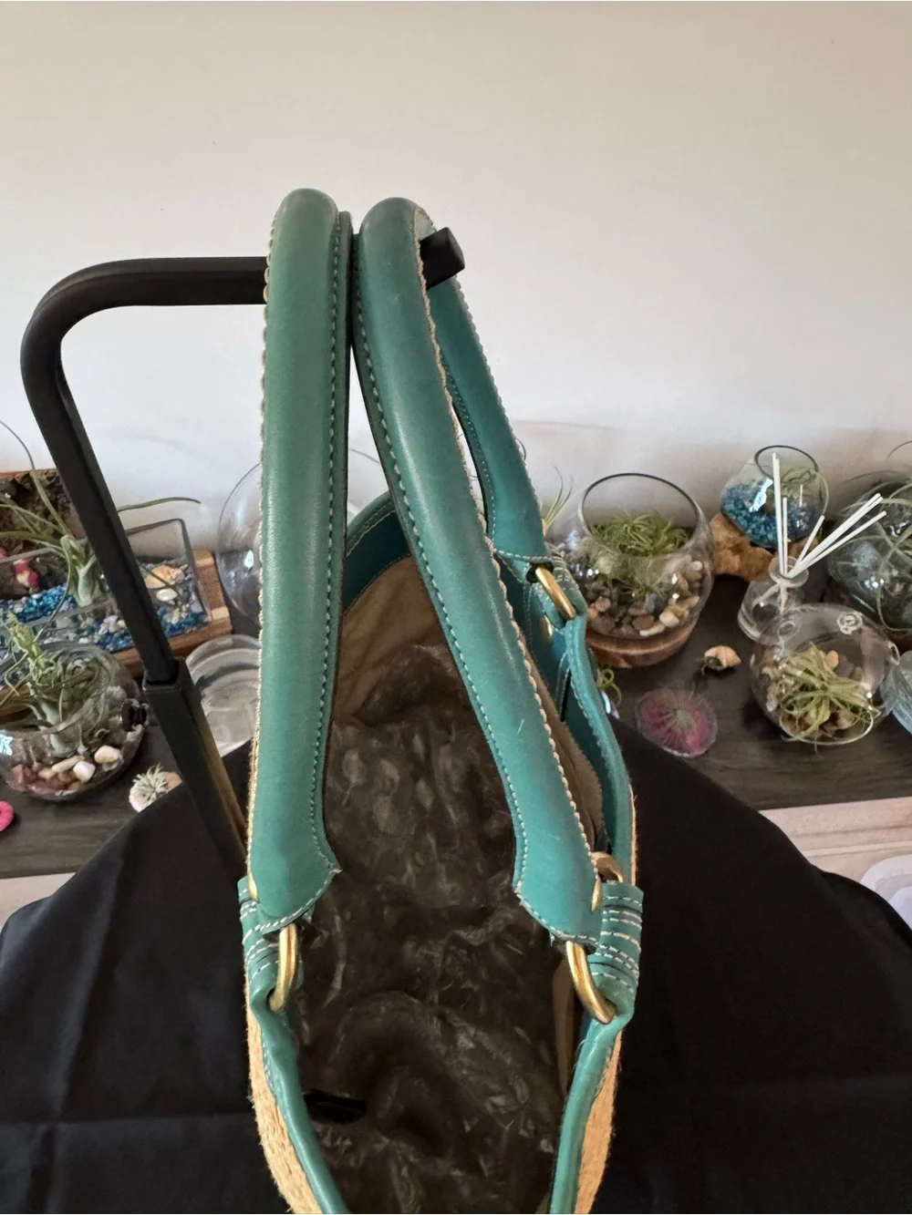 💚Coach Bleecker Straw Tote Teal Leather Flower Charm ☀️_9